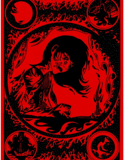 Illustration sur papier rouge de Chérie écrivant à la lueur d'une bougie