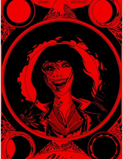 Une femme diabolique "Chérie" se tient, rieuse, dans un encadré en forme de lune dans une image en noir et rouge