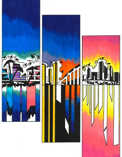 Planche de bande dessinée en rois cases verticales représentant les lignes d'horizons de Miami.
