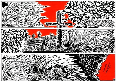 Planche de bande dessinée en noir, rouge et blanc représentant une croix entourée de végétation et un squelette humain reposant à son pied.