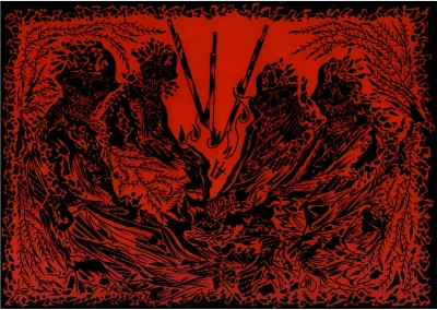 Illustration de quatre soldats français sur papier noir et rouge.