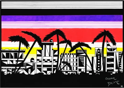 Illustration A3 "Ocean Drive" reprenant la mythique skyline de la plus célèbre avenue de Miami "Ocean Drive"