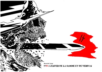 Crâne d'un soldat squelette de profil transpercé par une baïonnette lui ressortant par la bouche.