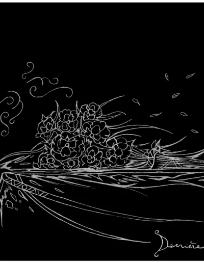 Illustration A4 "Derrière la Lumière" (3) faisant partie du travail de composition du même nom et représentant un bouquet de fleurs posé sur une table de couleur "argent" sur fond noir.