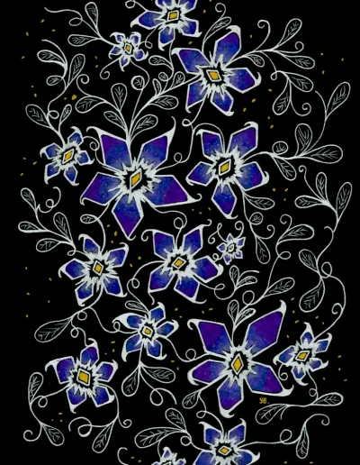 Illustration "Kono Hana No Sakuya", sur papier noir et représentant un bouquet de fleurs bleutées, argentées, violettes.