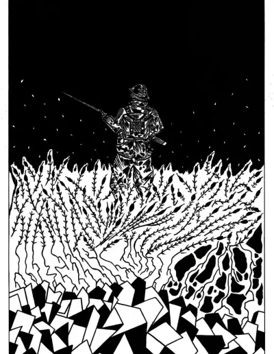 Illustration d'un soldat anglais avançant de dos dans un champ de blé lors du débarquement de Normandie en juin 1944.
