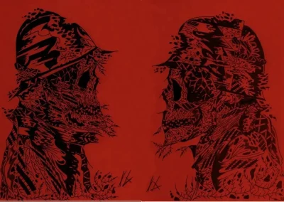 Composition de deux illustrations "Maintenant que nous somme morts" représentant deux soldats , un français et un allemand , égaux devant la mort.