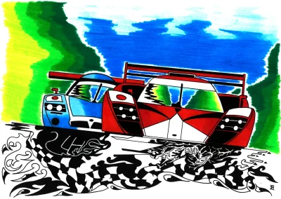 Illustration A3 sur papier blanc "24H" 2023 représentant le duel mythique entre deux symboles des 24H du Mans à la fin des années 90.