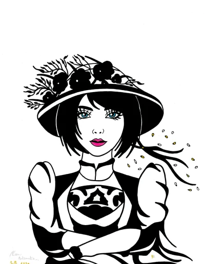 Illustration A3 sur papier blanc "2B Nier Automata 1920" 2024 nous montrant une représentation de l'héroïne de Nier Automata dans un style années 1920.