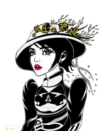 Illustration A3 sur papier blanc "2B Nier Automata 1920 noir" 2024 illustrant l'héroïne de Nier Automata dans le style des années 1920.