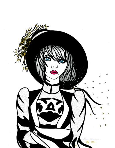Illustration A3 sur papier blanc "2B Nier Automata cheveux gris" 2024 représentant l'héroïne de Nier Automata dans une tenue typique des années 1920.