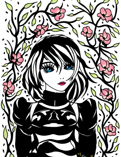 Illustration et interprétation A3 sur papier blanc "2B fleurs" 2024 de al célèbre héroïne du jeu vidéo "Nier Automata" ici entourée de végétation et de fleurs roses.