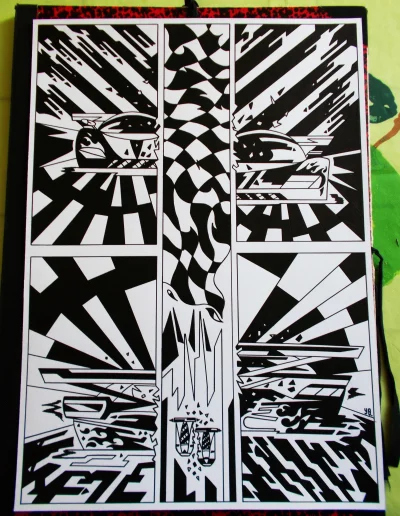 Planche BD en noir et blanc sur papier blanc "400kmh" (2) 2023, composée de cinq cases rendant hommage au sport automobile et notamment aux 24H du Mans.