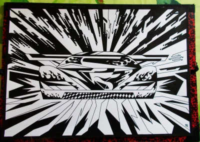 Illustration en noir et blanc sur papier blanc "400kmh" (1) 2023, rendant hommage au sport automobile et notamment aux 24H du Mans.