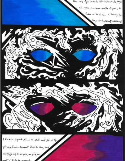 Planche BD A3 sur papier blanc composée de six cases "A l'Aube du Crépuscule" 2023 représentant les sentiments de deux êtres séparés, un à l'aube et l'autre au crépuscule.