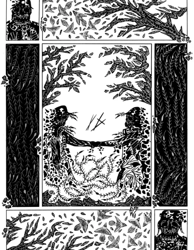Planche BD A3 sur papier blanc "A la Croisée des Chemins" 2023 représentant la rencontre de deux soldats décédés au chemin des dames de Verdun.