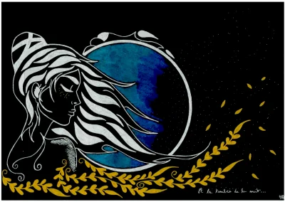 Illustration A4 sur papier noir "A la tombée de la nuit" (1) 2024 représentant le profil d'une jeune femme, cheveux aux vents , devant une lune bleutée et le ciel nocturne.
