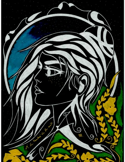 Illustration A4 sur papier noir "A la tombée de la nuit" (2) 2024 représentant le buste d'une jeune femme de profil, devant une grande Lune bleue et entourée de végétation verte et dorée.