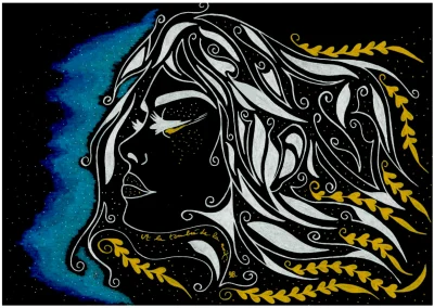 Illustration A4 sur papier noir "A la tombée de la nuit" (3) 2024 représentant le visage, de profil, d'une jeune femme les yeux fermés devant le ciel nocturne.