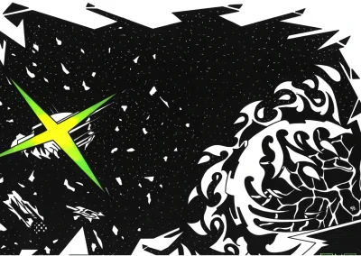 Illustration A3 sur papier blanc "ANA" (2) 2023 représentant une scène de science fiction où un vaisseau découvre une planète mystérieuse.