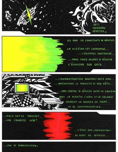 Planche BD sur papier blanc, composée de cinq cases "ANA" 2023 représentant le découverte d'une planète mystérieuse par un vaisseau équipé d'une intelligence artificielle défaillante et dangereuse.