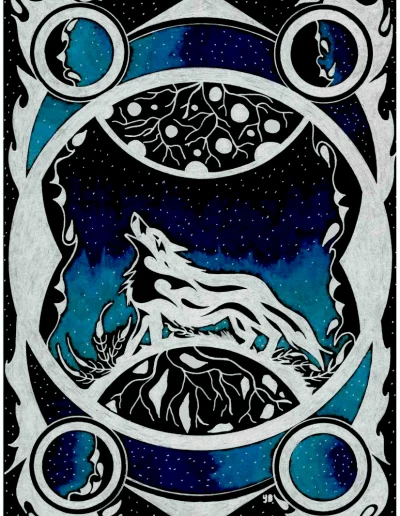 Illustration A4 sur papier noir "Amarok" 2025 représentant le dieu de la Lune dans la mythologie nordique.