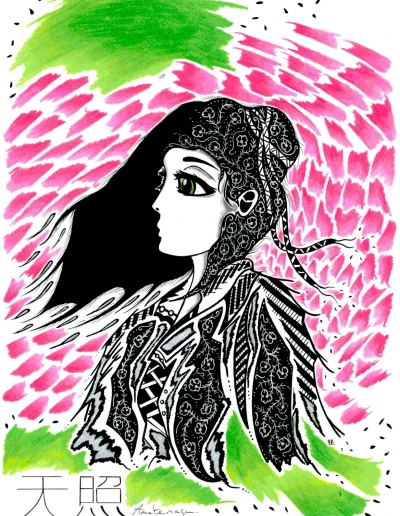 Illustration A3 sur papier blanc "Amaterasu illu chapitre d'or et de cendres" 2024 représentant une version "moderne" et "contemporaine" de la déesse japonaise du soleil.