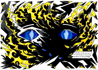 Illustration A3 sur papier blanc "Angel" 2023 reprenant une composition géométrique et futuriste du visage d'une jeune femme blonde aux yeux bleus.