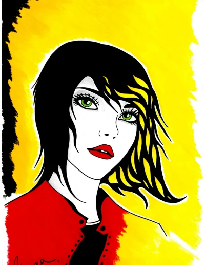 Illustration A3 sur papier blanc "Anna" 2024 représentant le portrait d'une jeune femme aux yeux verts, aux cheveux courts blonds et à la veste rouge.