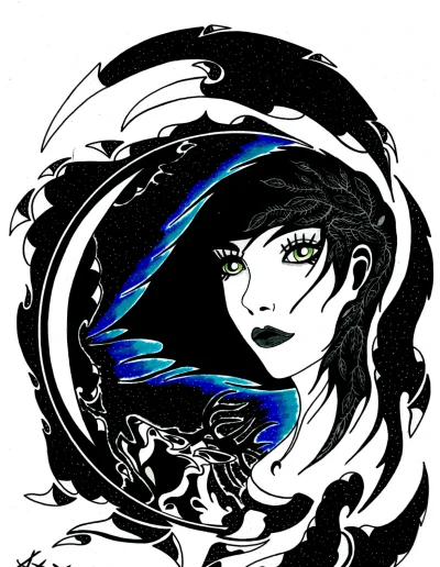Illustration A3 sur papier blanc "Artémis" 2024. Une représentation de la déesse de la nuit et de la chasse à travers une composition nocturne en noir, blanc et bleu.