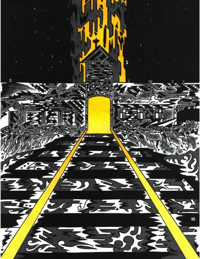 Illustration A3 sur papier blanc "Auschwitz Birkenau" (1 sur 3) 2023 représentant la célèbre entrée du camp d'extermination, ici en noir et blanc sous un ciel nocturne.