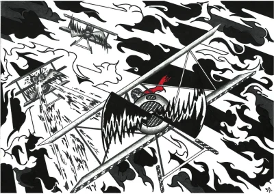 Illustration A4 en noir et blanc sur papier blanc "Aviateur Thiepval" 2023 représentant un aviateur à l'écharpe rouge poursuivit, à travers les nuages, par deux avions ennemis