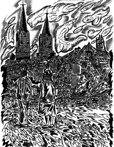 Illustration A3, en noir et blanc , sur papier blanc "Bataille de Normandie" (2 sur 5) 2023 illustrant une scène de désolations où des habitants regardent, avec désolation, les décombres de leur village à la suite de la bataille de Normandie 1944.