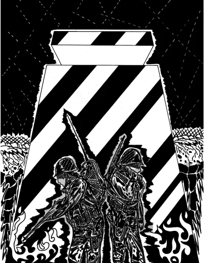 Illustration A3, en noir et blanc, sur papier blanc "Bataille de Normandie" (3 sur 5) 2023 représentant deux soldats américains au pied d'un bunker allemand lors du débarquement en Normandie de 1944.
