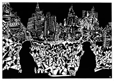 Illustration A3, en noir et blanc, sur papier blanc "Bataille de Normandie" (4 sur 5) 2023 représentant la silhouette de deux soldats anglais regardant les décombres d'une ville française à la suite des bombardements lors de la Bataille de Normandie de 1944.
