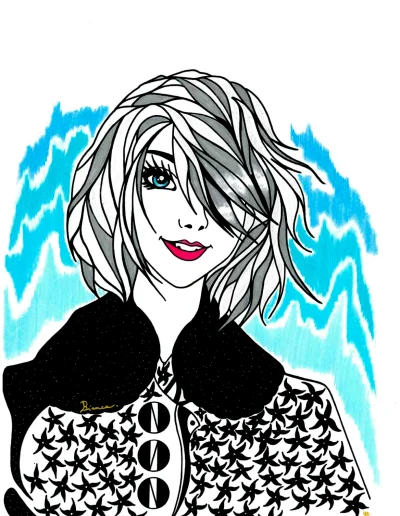 Illustration A3 sur papier blanc "Bianca" 2025 représentant une jeune femme de face à la tenue élégante devant un fond bleu et blanc.