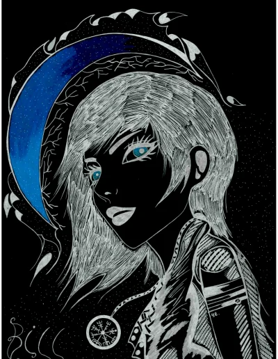 Illustration A3, argentée et bleue sur papier noir "Bil" 2024 représentant la déesse de la Lune dans la mythologie nordique, devant une grande Lune bleutée et un ciel nocturne.