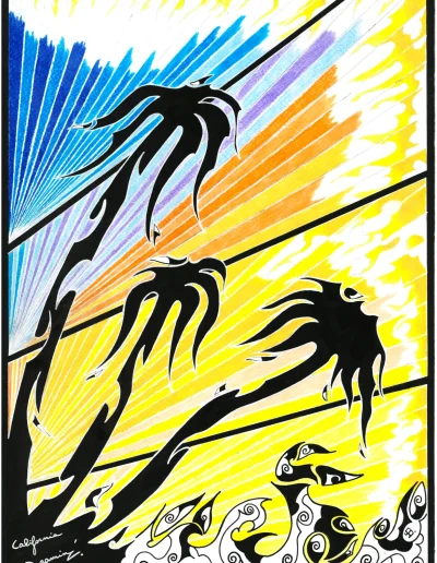 Illustration A3 sur papier blanc "California 60's California Dreamin'" 2023 représentant la silhouette de grands palmiers devant un grand ciel doré californien.