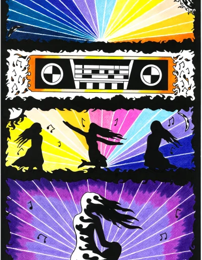 Planche BD A3 sur papier blanc "California 60's California Love" 2023. Cette planche reprend l'ambiance et les couleurs de la Californie des années 70.