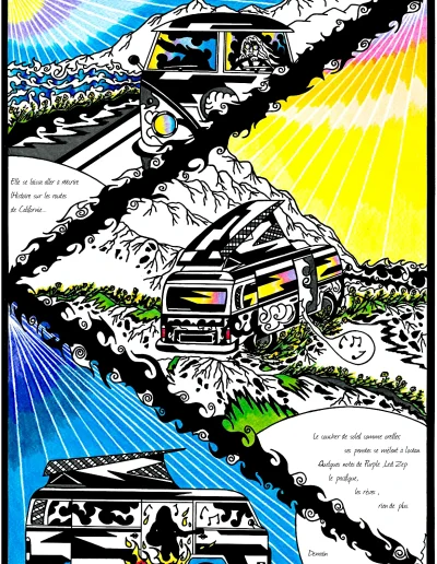 Planche BD A3, composée de trois cases, sur papier blanc "California 60's Highway Dreams" 2023 représentant le voyage d'une jeune femme , dans son combi Volkswagen, le long des côtes de Californie au rythme de sa guitare et des feux de camp.