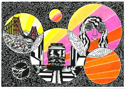 Planche BD sur papier blanc "California 60's San Francisco Summer Of Love 1967" 2023 représentant la libération amoureuse et culturelle des USA et notamment de la Californie des années 60-70.