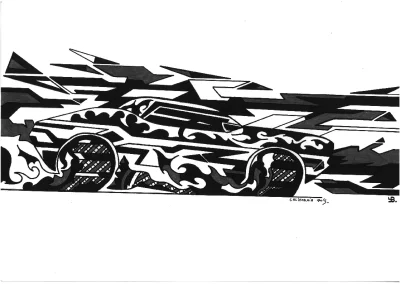 Illustration A4, en noir et blanc, sur papier blanc "California 70's" 2023 représentant une muscle car américaine de profil à pleine vitesse, crachant des flammes.