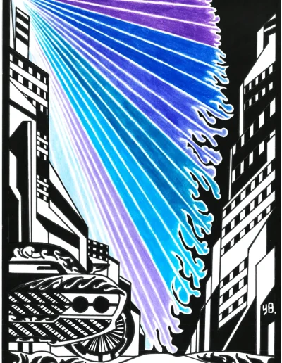 Illustration A4 sur papier blanc "California 70's Midnight Race" 2023 représentant une puissante muscle car américaine garée devant les grands buildings de San Francisco et faisant référence au célèbre film "Bullitt".