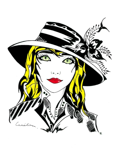 Illustration A3 sur papier blanc "Camélia" 2024 représentant le portrait d'une jeune femme en tenue d'époque et au grand chapeau blanc.