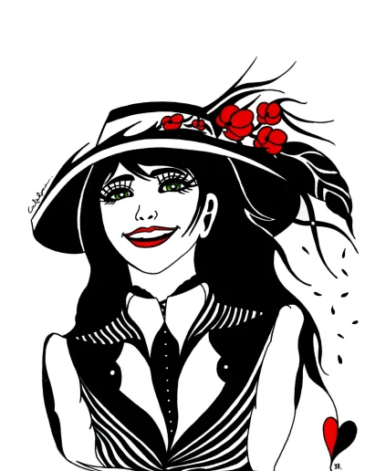 Illustration A3 en noir, blanc et rouge sur papier blanc d'une jeune femme "Catalyna" 2024 dans une tenue noire et blanche et coiffée d'une grand chapeau aux fleurs rouges.