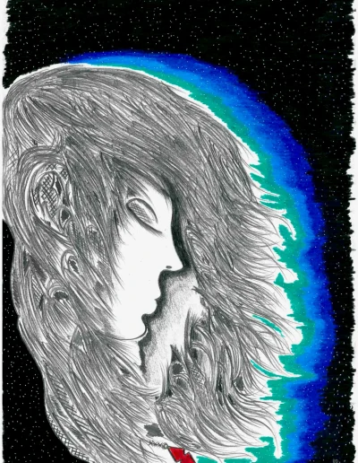 Illustration A3 sur papier blanc "Chérie Lune bleue" 2024 représentant le visage de profil d'une jeune femme devant un ciel nocturne étoilé bleu et noir.