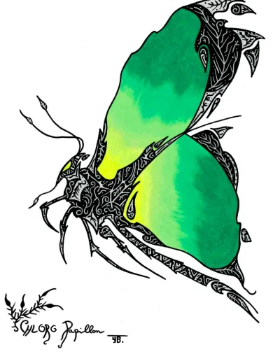 Illustration A4 "Chloro Papillon" 2023, représentant un papillon fantaisiste faisant référence au vert des plantes d'où son nom "Chloro papillon"