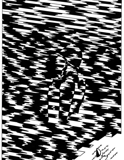 Illustration A3, en noir et blanc, "DDay 1944" 2024 représentant la silhouette tiraillée entre le noir et le blanc d'un soldat américain lors du débarquement de Normandie de 1944.