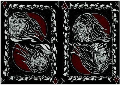 Illustrations A5, "Dame de carreaux et dame de cœur cartes mort" représentant des cartes liées à la mort.