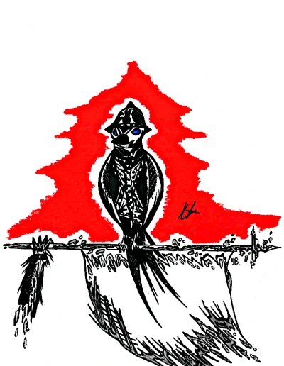 Illustration A4 sur papier blanc "De l'enfer au Paradis"2023 représentant un petit oiseau habillé de l'uniforme français lors de la Grande Guerre, perché sur un drapeau blanc devant un fond rouge.